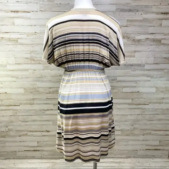 Hale Bob Silk Blend Faux Wrap Dress Womens Size S Tan Black Striped - Picture 7 of 13